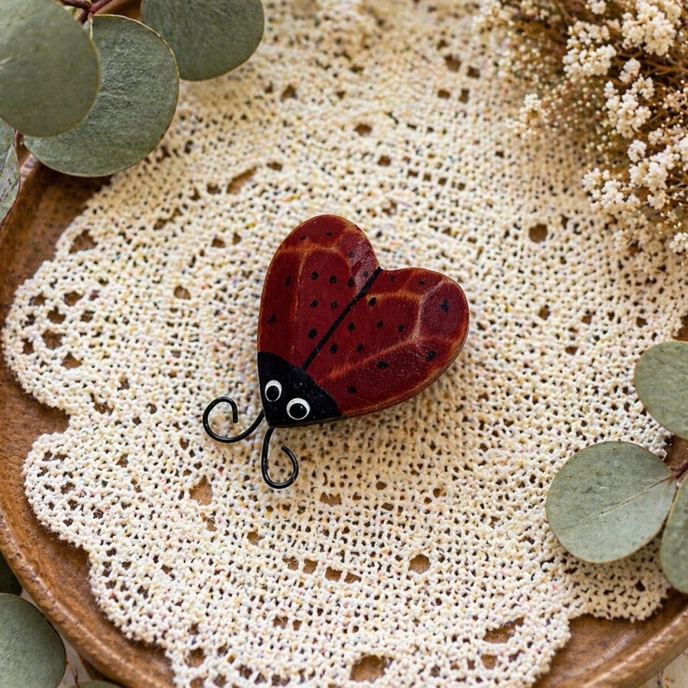 Vintage Handmade Ladybug Brooch Signed Debi Wood Folk Art Pin